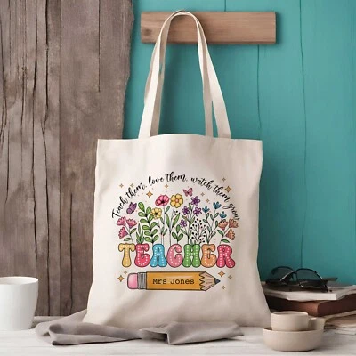 ELLIEBEANPRINTS Personalised Wild Flowers Teacher Tote Bag | Personalised Teacher Gift |
