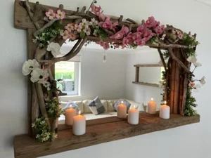 Driftwood Garland flower decorative mirror with candle shelf farmhouse beach gar - Picture 1 of 4