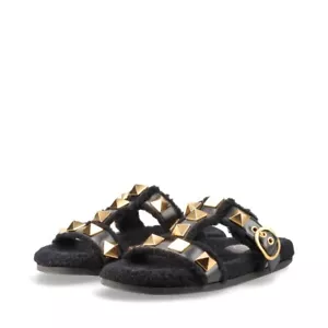 VALENTINO GARAVANI Roman Studs Shearling × Leather Sandals Women’s Size 38 US 8 - Picture 1 of 20
