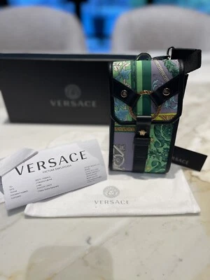 NEW $925 VERSACE Aqua Blue GOLD BAROCCO PRINT Nylon Large CROSSBODY & BELT BAG - Image 1 of 4