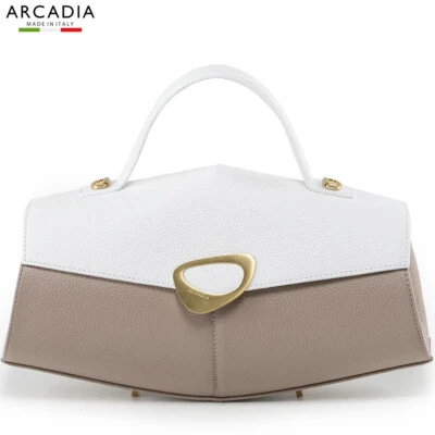 ARCADIA Made in Italy creative designer brown white leather medium hexagon bag - Image 1 of 4