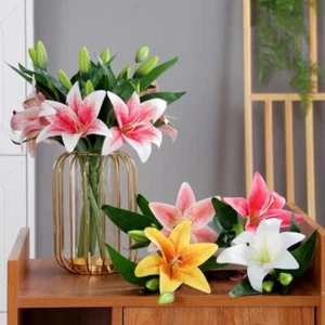 3 Heads Artificial Lily Flower Silk Wedding Bridal Bouquet Living Room Decor - Picture 1 of 17