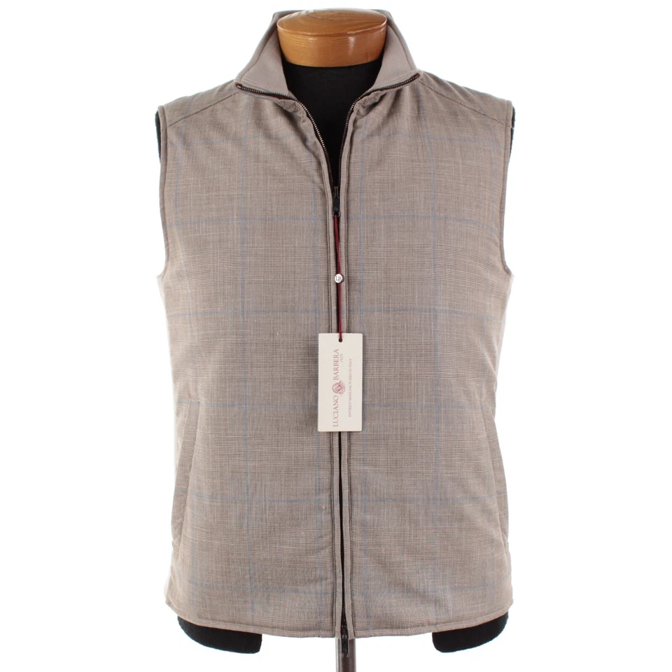 Chaleco Luciano Barbera Nuevo con Etiquetas Lana/Seda/Lino Talla 52 (L EE. UU.) en Beige con Cuadros Azules Foto 1 de 4