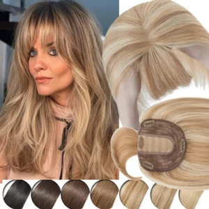 BALAYAGE 100% Human Hair Topper Clip In Toupee Silk Mono Base Hairpiece Top WigS - Picture 1 of 42