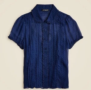 J Crew transparentes geknöpftes Hemd mit Spitzenbesatz in Punkte Crinkle Chiffon Größe 10 in Blau - Bild 1 von 4