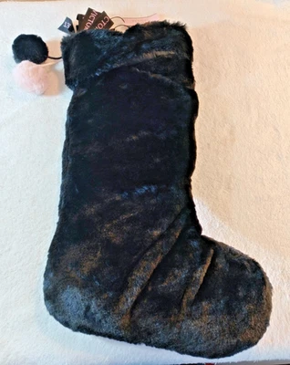 Victoria’s Secret Women’s Christmas Stocking Black Faux Fur Pom Pom Bow Logo NEW - Image 1 of 4