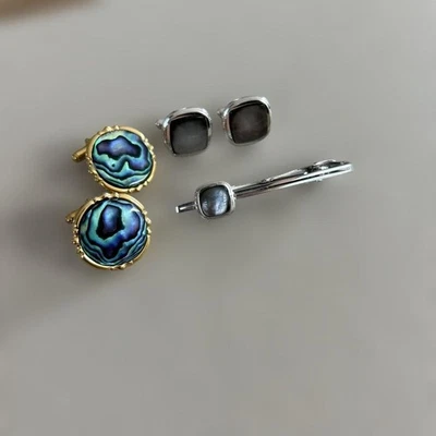 -USED- Cufflinks Button Abalone Shell Black Mother Of Pearl Set JAPAN-MADE - Image 1 of 4