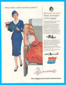 United Air Lines stewardess flight attendant aircraft print ad 1955 aviation - Picture 1 of 3
