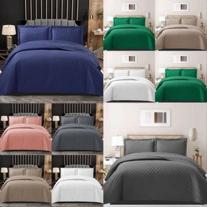 3 Piece Quilted Embossed Bedspread Reversible Comforter Bedding Set Bed Throw - Picture 1 of 24