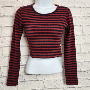Forever 21 Top Womens XS Stripe Long Sleeve Crop Length Ribbed Shirt - Picture 1 of 9