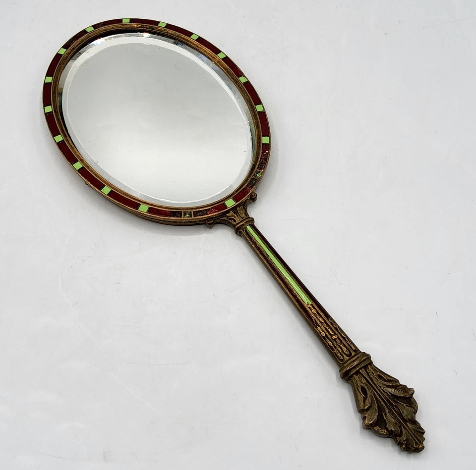 Miroir biseauté face à main en bronze patiné et émaux cloisonnés XIXème - Photo 1/4