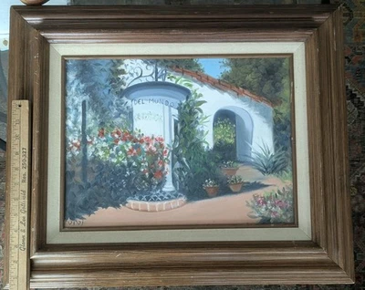 Original Framed Art Painting Old Town Spanish Mission CA or TX Vtg Architecture - Image 1 of 4