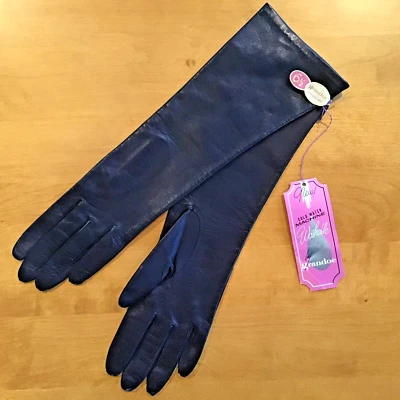 NUEVO Guantes de cuero Grandoe azul marino oscuro de colección para mujer talla 6 1/2 Italia 13" Foto 1 de 4