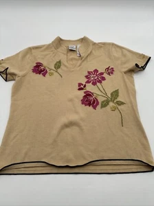 Emma James T-Shirt Women Small Beige Embroidered Flowers Rhinestones..#13700 - Picture 1 of 7