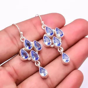 Tanzanite Multi Collet Gemstone 925 Sterling Silver Handmade Earring 1.76" E29 - Picture 1 of 3