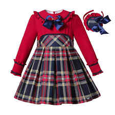 Pettigirl Winter Autumn Girls Tartan Dress age 2-12Y Christmas Dress w/ Hairband