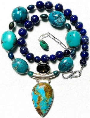 Vintage Handcrafted Lapis Lazuli & Turquoise Sterling Silver Pendant Necklace - Image 1 of 4
