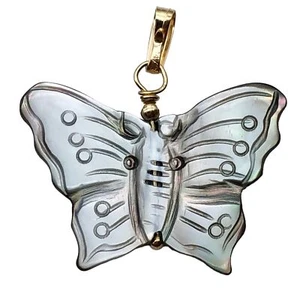 Mussel Shell Carved Butterfly 14K Gold Filled Pendant | 1" Long | Silver Black | - Picture 1 of 11