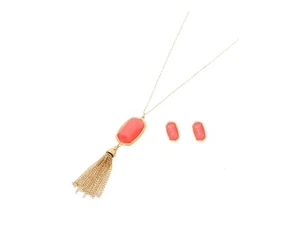 Stoned Gold Metal Long Chain Tassel Drop Necklace Set ~ Great Gift Idea ~ NWT! - Picture 1 of 7