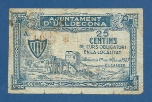 AJUNTAMENT D'ULLDECONA -- 25 CENTIMOS ( 1937 ) -- BC -- 2ª EMISION -- SERIE A . - Picture 1 of 2