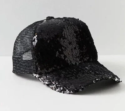 Free People Glitter On The Highway Black Sequin Trucker Cap Hat OS NWOT - Image 1 of 4