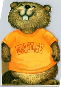 Tarjeta de felicitación troquelada Smile Beaver 1980 sello con sobre tarjetas de embajador - Imagen 1 de 4