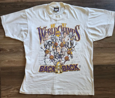 Mens USED VINTAGE Small (Tag LARGE) LA LAKERS 87-88 BACK to BACK CHAMPS shirt Cover