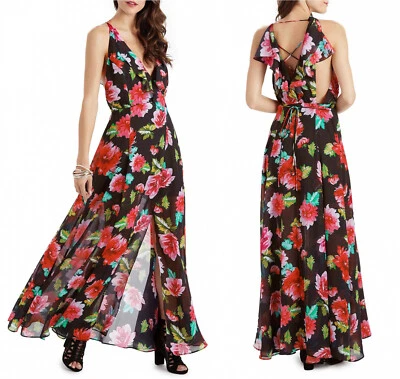 Maxi Vestido Nuevo con Etiquetas XOXO ~Talla XL~ Estampado Floral Con Cordones-Espalda Volantes Venta al por menor $79 Foto 1 de 4