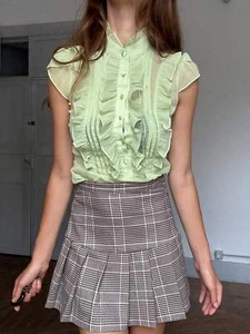 Vintage green ruffle blouse sheer mesh preppy coquette style top, Size XS - S - Picture 1 of 10