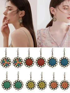 Pendientes colgantes redondos de girasol únicos bohemios con gancho de flor de bronce - Imagen 1 de 29