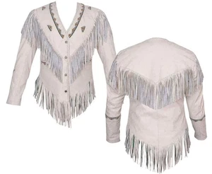 Herren Western Cowboy Wildleder Fransen, Perlen Indianer Lederjacke weiß - Bild 1 von 4