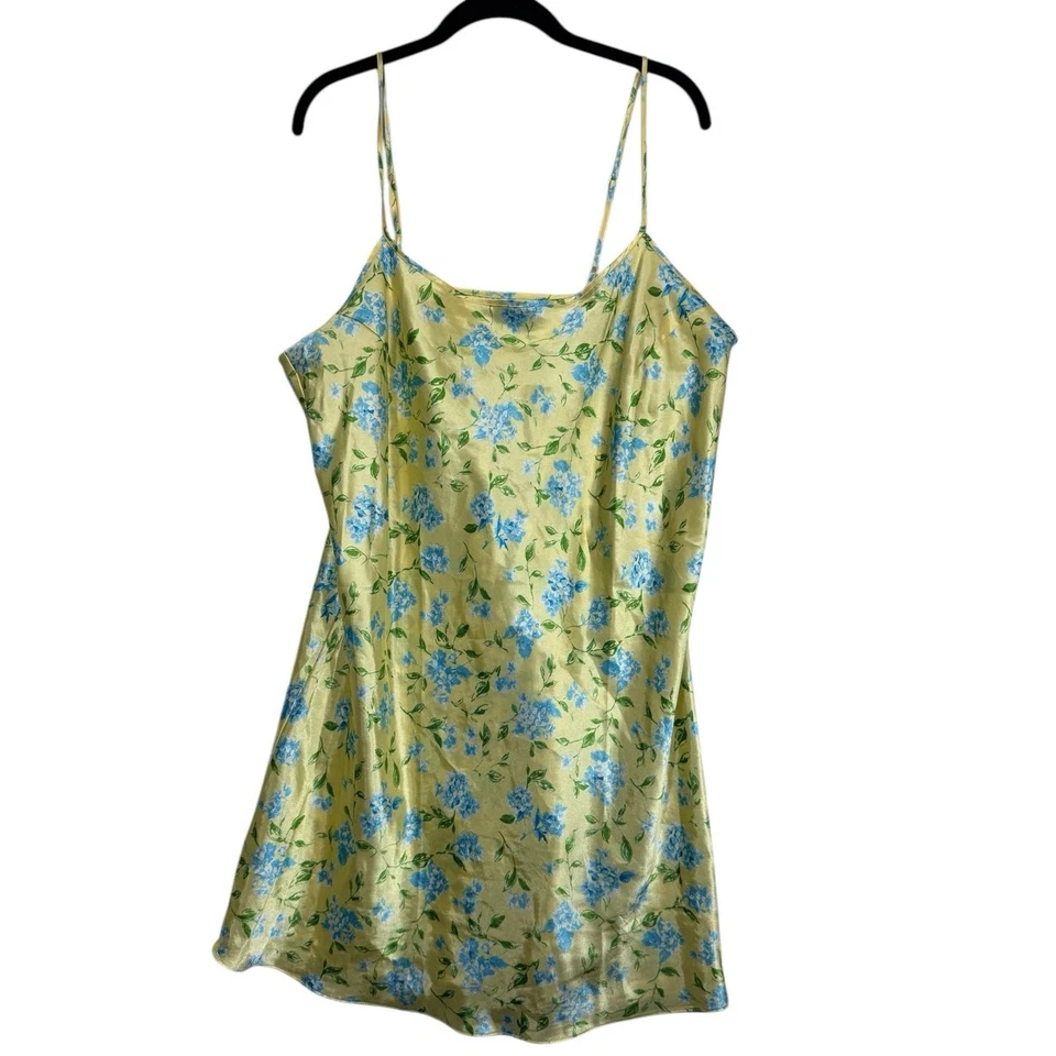 Mini Vestido AVON Amarillo Azul Jardín Estampado Floral Satinado Sin Mangas Chemise Talla Grande 1X Foto 1 de 4