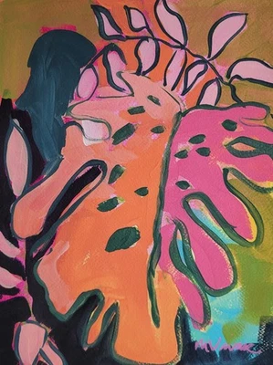 Pintura abstrata arte arte arte plantas coloridas tropicais originais 12x9 MONA VIVAR - Imagem 1 de 4