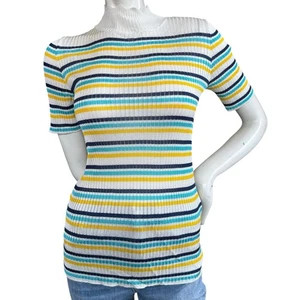 A.P.C. Suéter pequeño blanco amarillo y azul cuello falso manga 3/4 acanalado cuello alto - Imagen 1 de 10