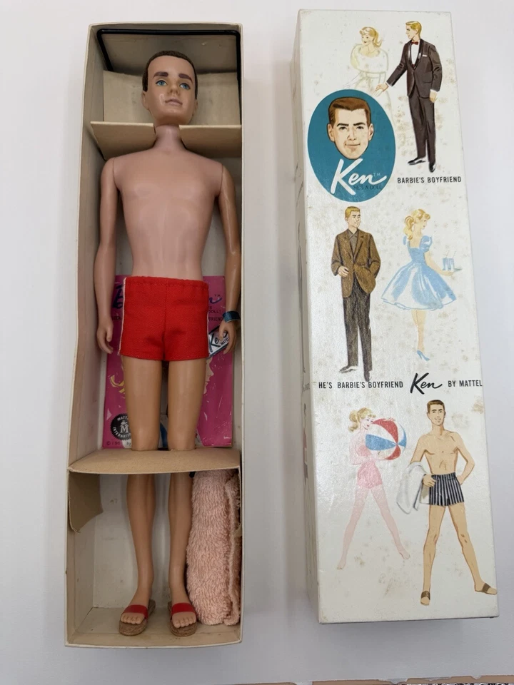 Винтажная брюнетка Barbie Ken со флокированными волосами в оригинальной коробке с биркой на запястье 1961 - Изображение 1 из 4