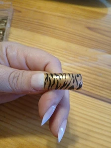 Remnant 95+ FAKE ACRYLIC SQUARE FRENCH NAIL TIPS ART GOLD BLACK TIGER STRIPE - Picture 1 of 5