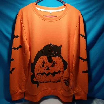Оранжевый Хэллоуин толстовка с черный кот, летучие мыши и тыквы размер средний - Изображение 1 из 4
