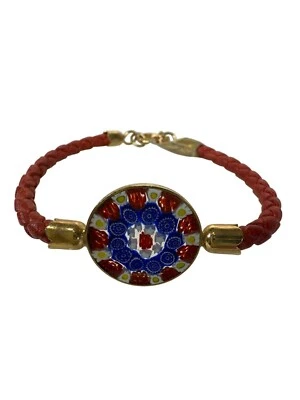 Red Braided Leather Bracelet Gold Tone Millefiori Glass Medallion Venezia - Image 1 of 3