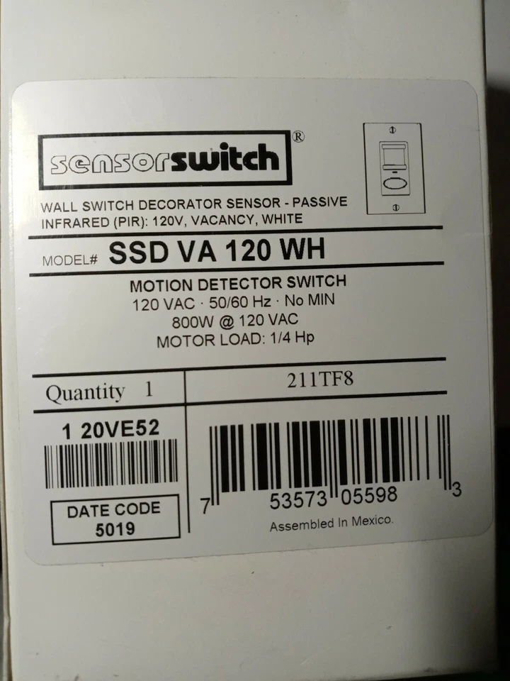 Decorator Vacancy Motion Sensing Self-Contained Relay Wall Switch, White - Image 1 of 1