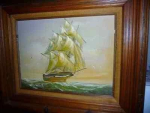 Olio su tela con cornice vintage "Vela piena" dell'artista BAILLIE anni 50 - 70 - Foto 1 di 13