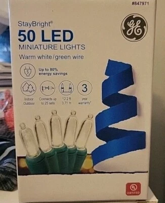 GE 50 LED Miniature Christmas Tree Lights Energy Smart Warm White Green NEW - Image 1 of 2