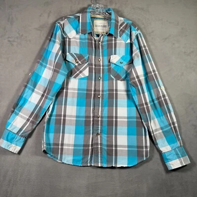 Ditch Plains Shirt Mens M Blue Gray Plaid Pearl Snap Long Sleeve Western Rodeo - Image 1 of 4