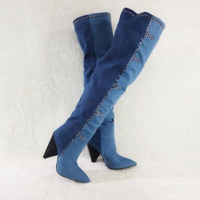 Western Flare Denim Boots Cone Heels Button Studs OTK Pull On Thigh High Boot - Image 1 of 4