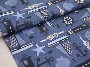 Michael Miller Patchworkstoff maritim BON VOYAGE Segelboot Leuchtturm Anker blau - Bild 1 von 7