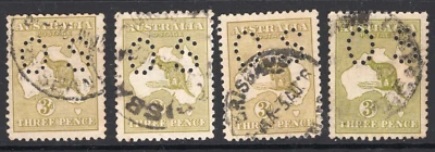 Lote 3d Olive Roo / Kangaroo Australia Small OS Perfin x 4 REF: RS3OSMN - Imagem 1 de 2