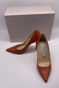 Jimmy Choo Orange Croc Embossed Leather Pointed Toe Pumps sz 37.5 us 7.5 - Picture 1 of 6