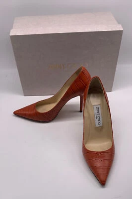 Jimmy Choo Orange Croc Embossed Leather Pointed Toe Pumps sz 37.5 us 7.5 - Image 1 of 4