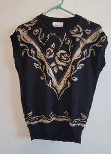 Vintage Carriage Court Sweater Black Floral Size S Sleeveless Pullover Made USA - Picture 1 of 9