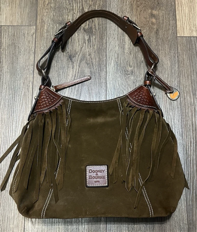 Dooney & Bourke Leather Fringed Suede Hobo Shoulder Bag Brown Purse Western - Image 1 of 4