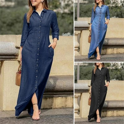 Maxi vestido informal de mezclilla con botones para mujer manga larga vestidos de jean largos con trasero Foto 1 de 4